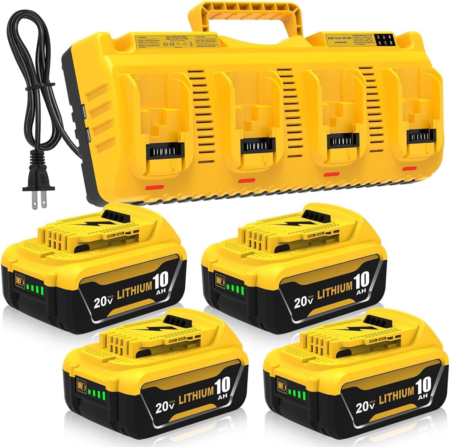 4Packs DCB206 10000mAh Replacement for Dewalt 20V Max Battery 10.0Ah and 4-Port Charger Compatible with Dewalt 20V Battery Lithium Ion DCB207 DCB204 DCB200 DCB201 DCB203 Series Power Tool(Yellow)