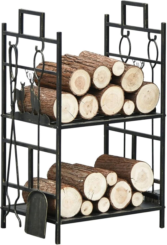 Firewood Log Rack with Fireplace Tool Set, Steel Log Storage Rack for Indoor and Outdoor Fire Pit