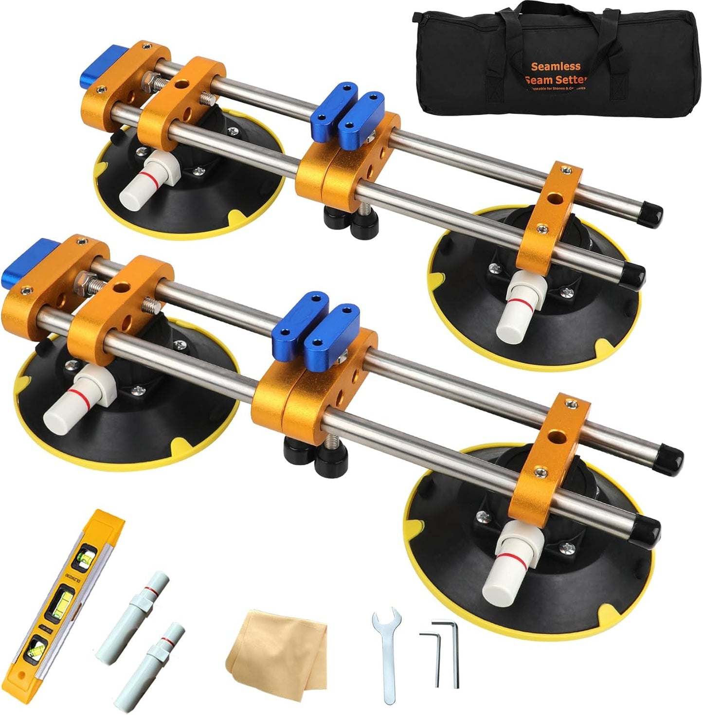 Upgrade 2 Pack Seamless Seam Setter with 6 inch Vacuum Suction Cups, Granite Seam Setter for Countertop Joining & Leveling, Seam Joiner for Stone (With Replacement Air Pump+Tool Bag+Torpedo Level）