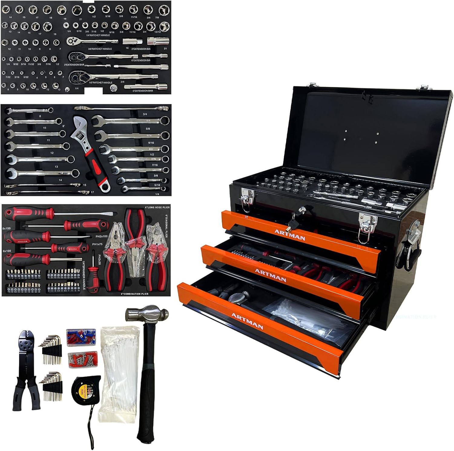 439-Piece Mechanic Tool Set in Heavy-Duty 3-Drawer Steel Box with 4-Tier Socket, Wrenches & Pliers. Portable Household Tool Kit Organizer Case for Auto Repair, Garage, Workshop. Orange