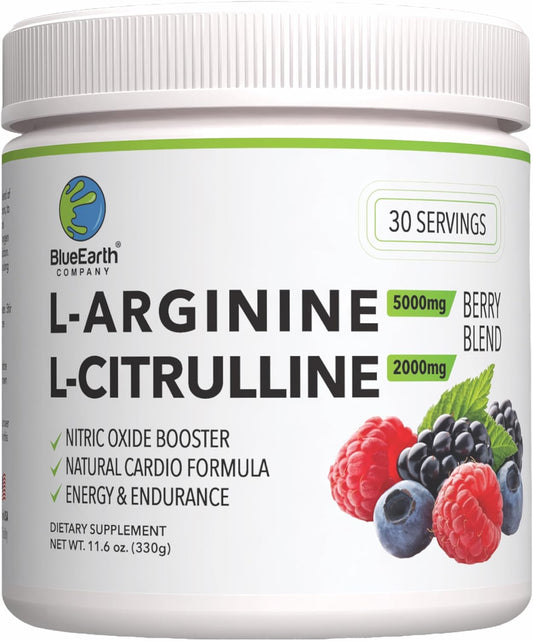 BlueEarth Company L-Arginine 5000mg + L-Citrulline 2000mg Complex Powder Supplement - Nitric Oxide Booster - Heart Health, Blood Flow, Energy & Endurance - 30 Servings (Berry Blend)
