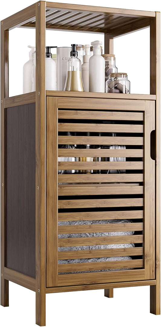 HITNET Bathroom Cabinet, Bamboo Floor Cabinet Free Standing, 4 Tier Sofa Side Storage Cupboard for Living Room Kitchen Bedroom, Walnut