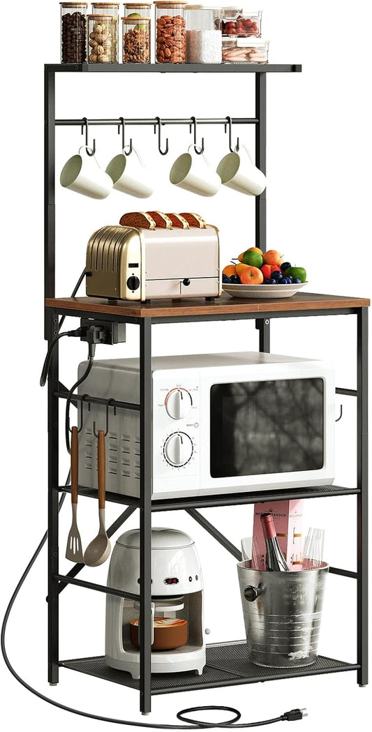HOOBRO Kitchen Bakers Rack with Power Outlet, 4 Tiers Microwave Oven Stand with Storage, Coffee Bar Table with 9 S-Shaped Hooks, Kitchen Storage Shelf Rack, Rustic Brown and Black BF58UHB01
