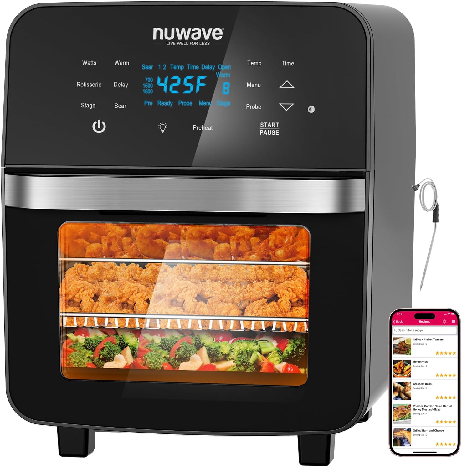 Nuwave Brio 15.5Qt 10-IN-1 Air Fryer Rotisserie Oven, XL Family Size, Even & Crisp AirFry, Reheat, Roast, Dehydrate for Quick Meals, 50°-425°F Control, 100 Presets & 50 Memory, Dishwasher-Safe, 1800W