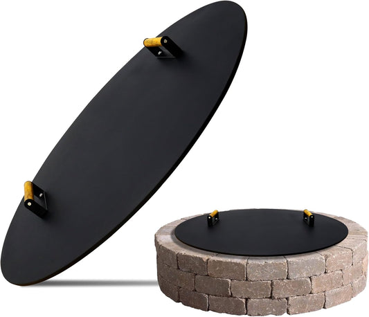 Fire Pit Lid 34 Inch – Round Metal Cover with Wooden Handles, Weather-Resistant Snuffer Lid for Outdoor Bonfire & Propane Fire Pits, Doubles as Table Top