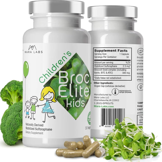 BrocElite Mara Labs Kids | Broccoli Supplement w\/Naturally Stabilized Sulforaphane Extract for Children | No Glyphosate Residue | 30 Vegan Capsules