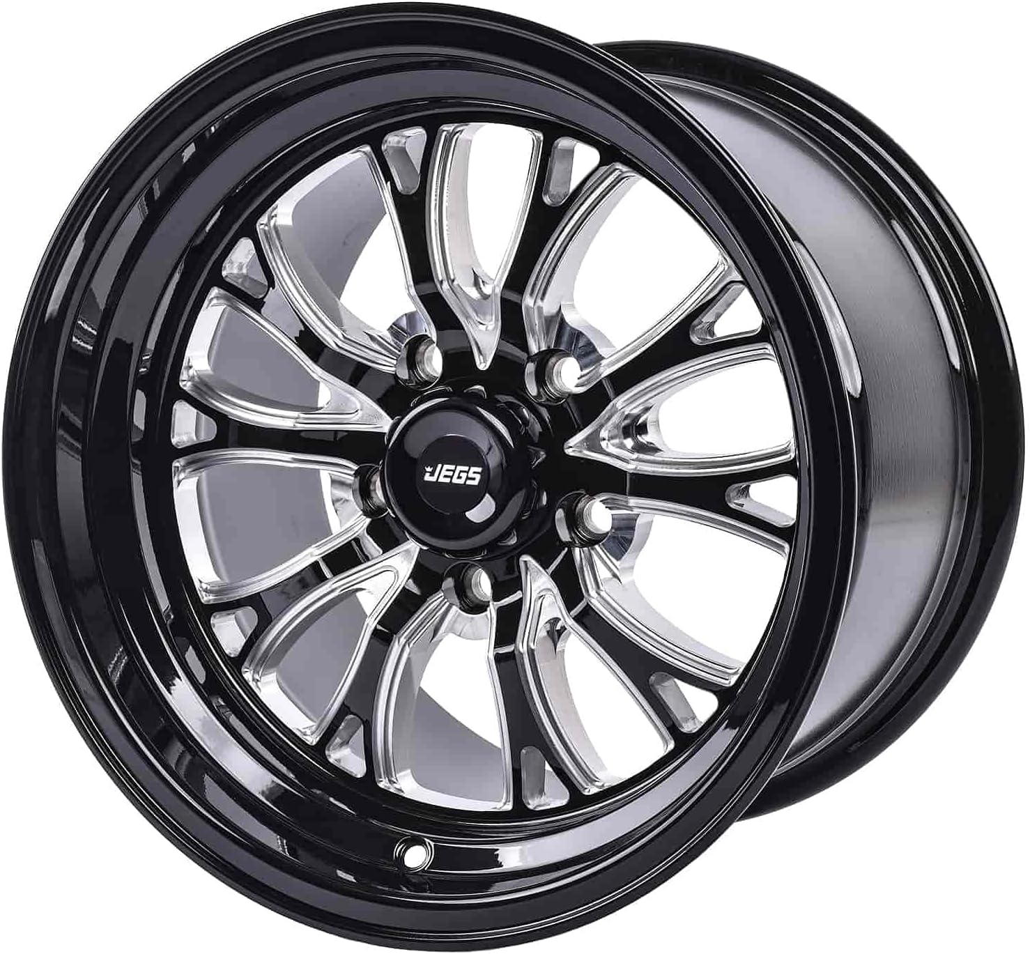 JEGS SSR Spike Wheel 15 x 10 | 5 x 4.5” Wheel Bolt Pattern Spacing | +25mm Offset | 6.5” Backspacing | Gloss Black with Milled Spoke Accents | 3.27” Center Bore