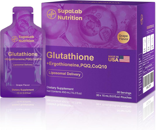 MEGNETA Liposomal Glutathione Supplement \u2013 500mg Glutathione with PQQ, CoQ10 & Vitamin C \u2013 High Absorption Antioxidant for Immune & Energy Support \u2013 Grape Flavor, 30 Pouch