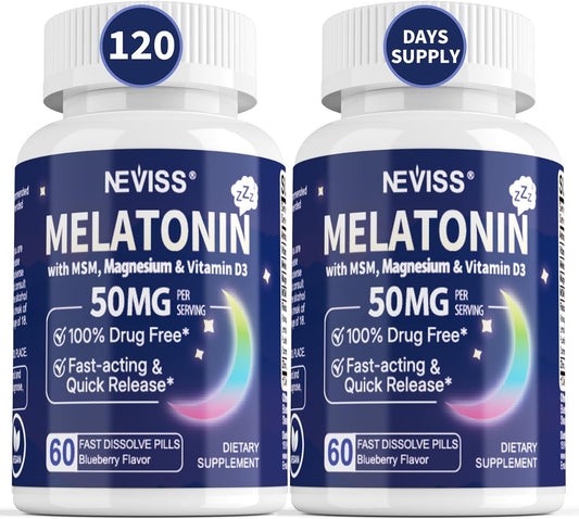Melatonin 50 mg for Adults - Extra Strength 9-in-1 Fast Dissolve Sublingual - w\/Vitamin D3 & MSM, Relaxing Herbal Blend-Ashwagandha, Lemon Balm, Passionflower,Chamomile,Sugar Free, Vegan 120 Servings