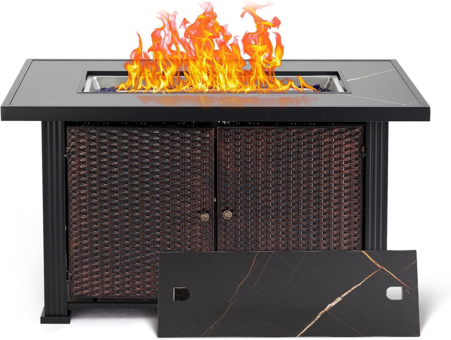 Propane Fire Pit Table 44 inch Gas Fire Pit Table 50000 BTU, 2 in 1 Gas Firepit with Slate Tabletop, Steel Base, Glass Fire Stones, Waterproof Cover & Separate Storage Space, CSA Certification