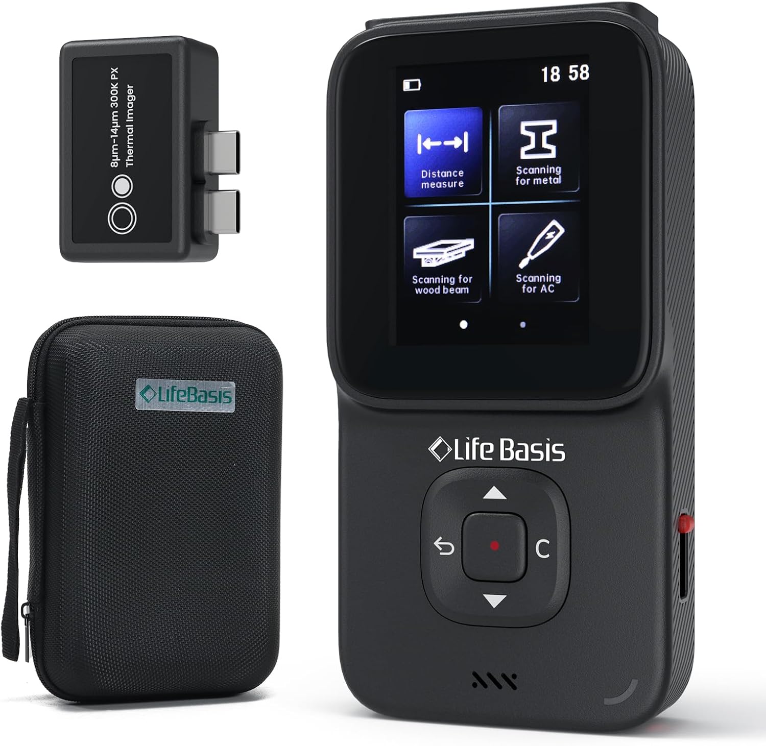 LifeBasis Stud Finder 5 in 1 Wall Scanner for Metal, Wood, Pipe, AC Wires, Measuring Tool for Length, Area, Volume, Stud Beam Detector USB Moisture Meter with Thermal Imager Screen and Alarm- Black