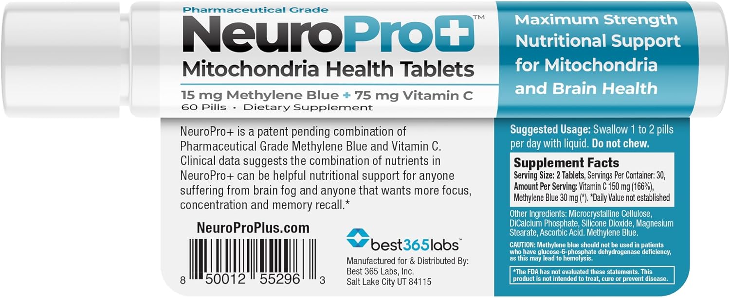 NeuroPro+ - Methylene Blue and C Complex - Maximum Strength Mitochondria Support Tablets - Fast Acting Mental Clarity Support - 60 Tablets