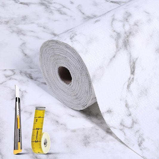 Drawer and Shelf Liner for Kitchen Cabinet: 12 in X 30 Ft Non Slip Waterproof Shelf Paper Non Adhesive Refrigerator Liners White Marble Easy Liners for Bathroom Cupboard with Knife Tape Measure