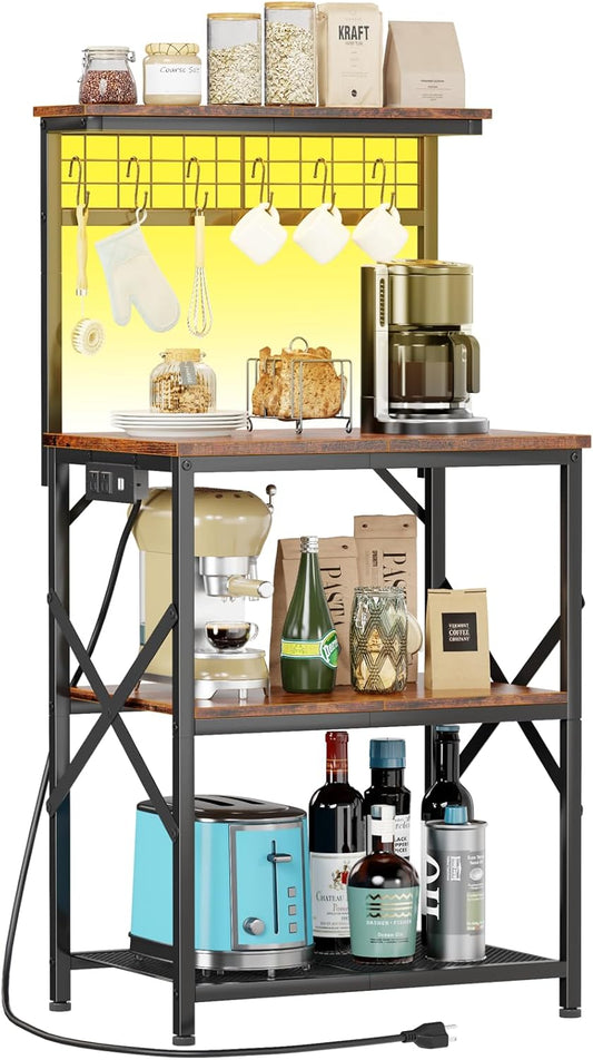 Furologee Bakers Rack with Power Outlet and LED Light, Small Microwave Stand with 4 Tier Shelves, Coffee Bar Station Table with 6 S Hooks, Kitchen Storage Rack for Spices, Pots, Rustic Brown