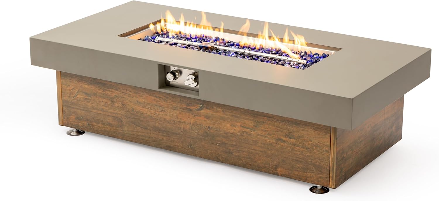 48_inch Iron Fire Pit Table with Wood Grain, Outdoor Patio Heater for Backyard Garden, Rustic Fire Pit Table with Realistic Wood Finish, Durable & Weather-Resistant Metal, Easy Assembly