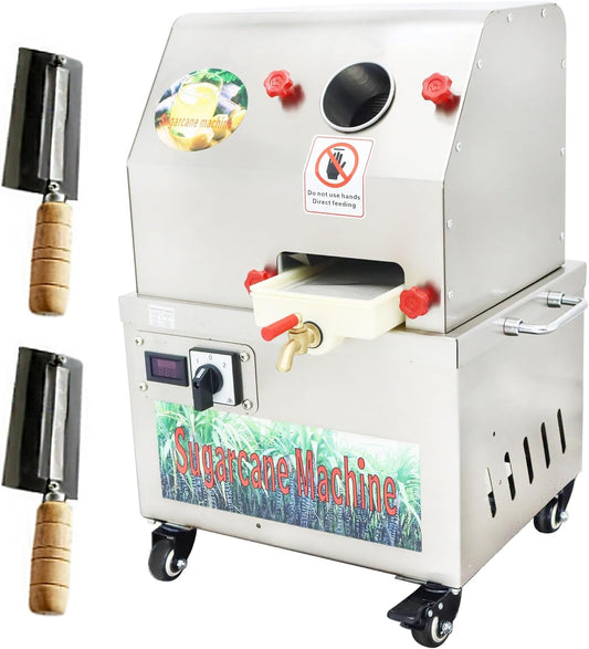 Sugarcane Juicer Electric Sugarcane Press Vertical Sugar Cane Juice squeezer 3 Stainless Steel Rollers Sugar Cane Juice Press Extractor with 2 Knives 24V DC or 110V for Home/Commercial Use