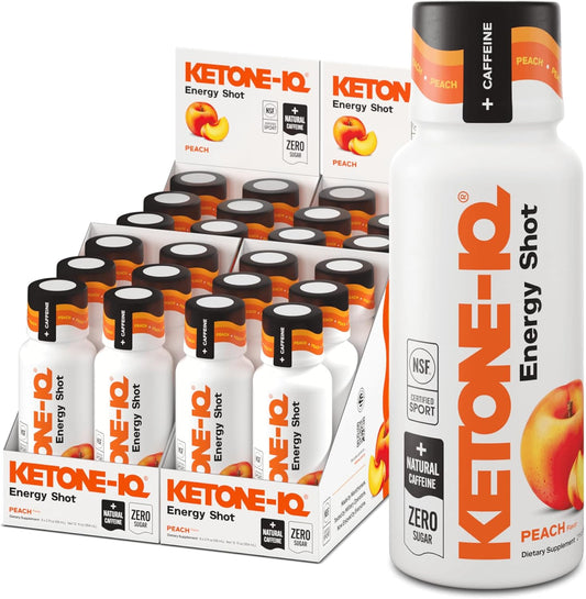 Ketone-IQ Exogenous Ketone Energy Shots with Caffeine - 24 Pack of Green Tea Caffeine Shots with 5g Bioidentical Ketones and B Vitamins - Fast Acting, On The Go Clean Energy Drink (Peach)