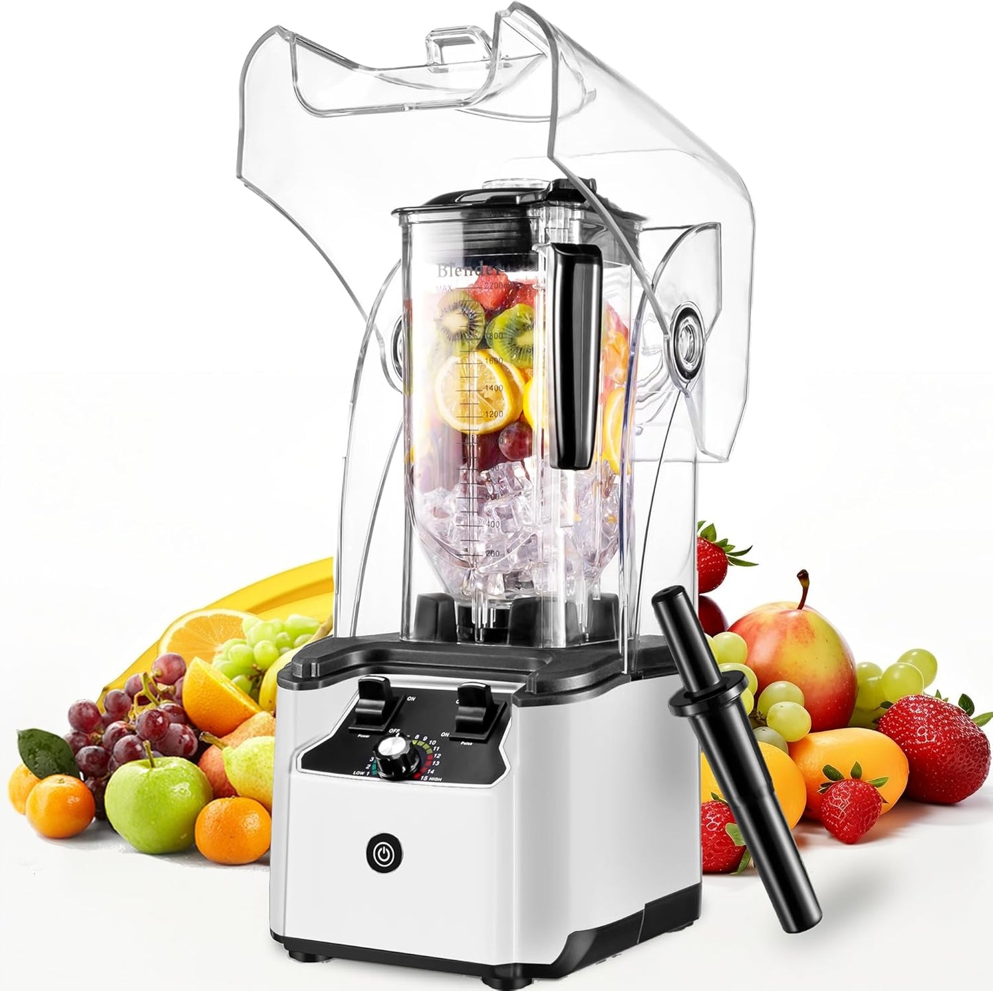 Commercial Blender for Smoothies With Quiet Shield, 2.5HP Motor, Stainless Steel Blade, 80oz Pitcher for Shakes, Smoothies, Ice Crushing, Frozen Drinks, 15 Speeds, Self-Cleaning, White