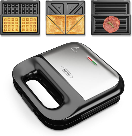 Sunvivi Waffle Iron, Panini Press Grill and Sandwich Maker Set, 3 in 1 Electric Sandwich Press with Removable Non-Stick Plates, Indicator Lights & Cool Touch Handle 750W