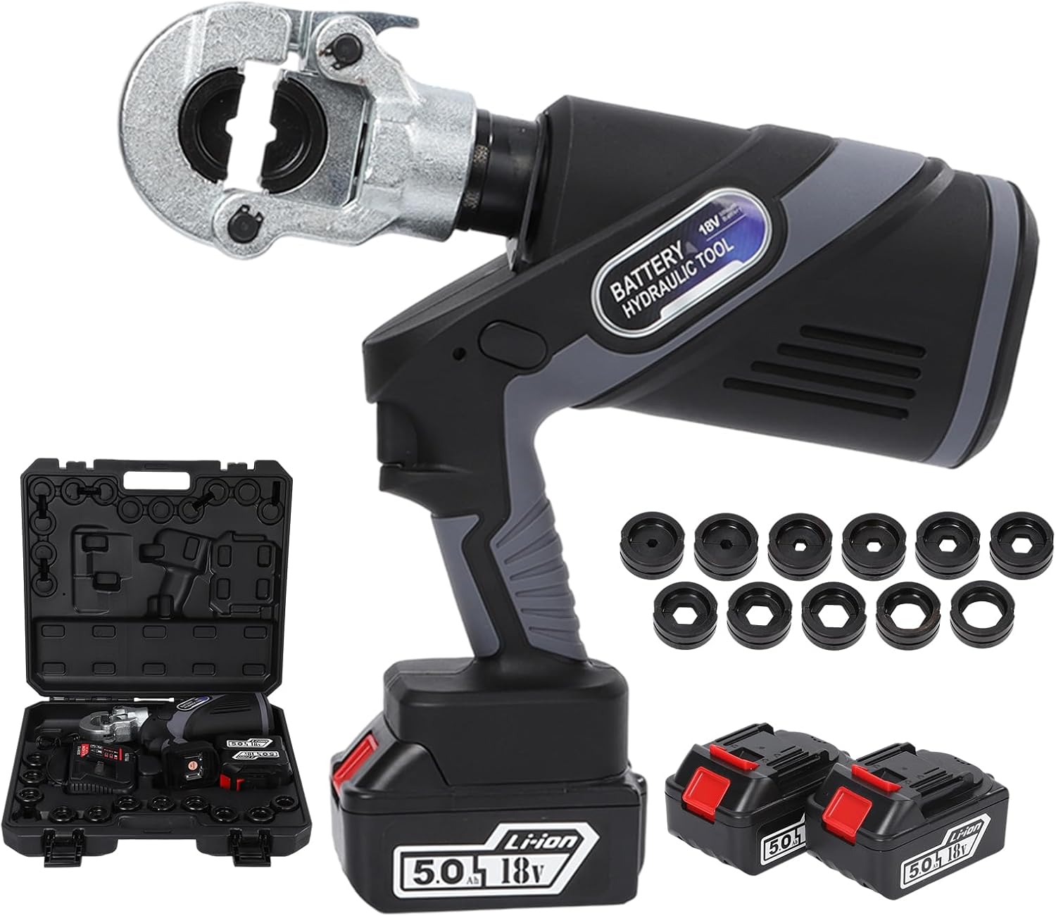 Loriven Electric Hydraulic Crimping Tool 6AWG-600MCM Rechargeable Hydraulic Crimper for Cu\/Al Terminal Continuous Crimping Efficient and Safe Non-serrated Lug Crimper Tool Kit with 11 Dies (EC-300)