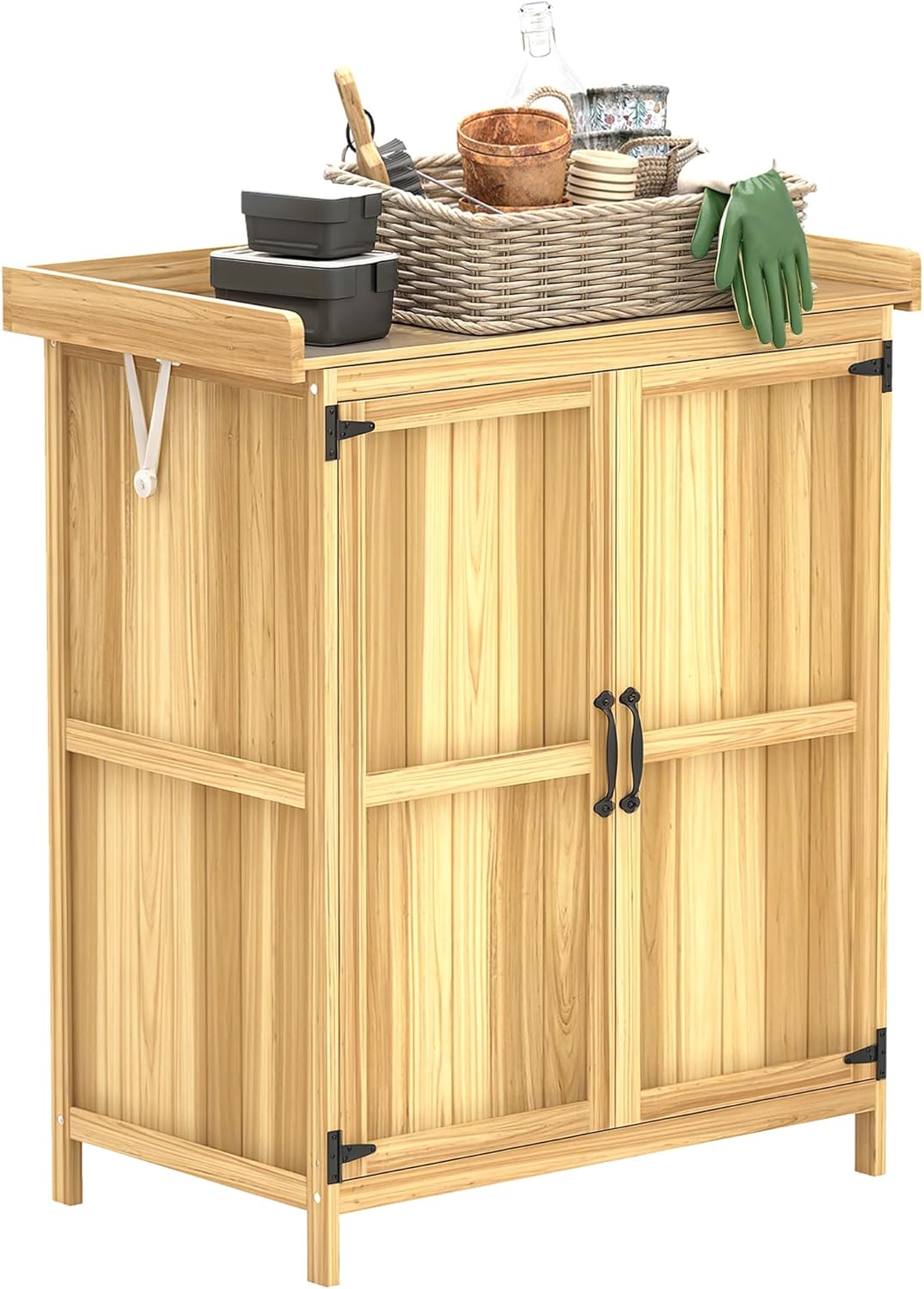 Outsunny Outdoor Storage Cabinet, Garden Tool Shed with Metal Tabletop and Shelf, Wooden Potting Bench with 2 Doors for Backyard, Patio, Lawn, Natural Wood