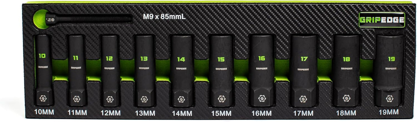 GRIPEDGE Tools | 10-PC – 3/8'' Drive Deep Metric RPT Socket Extractor Set | Sizes 10 – 19 MM | Removes Broken Studs, Stripped Bolts and Lug Nuts | Includes Premium EVA Foam Storage|