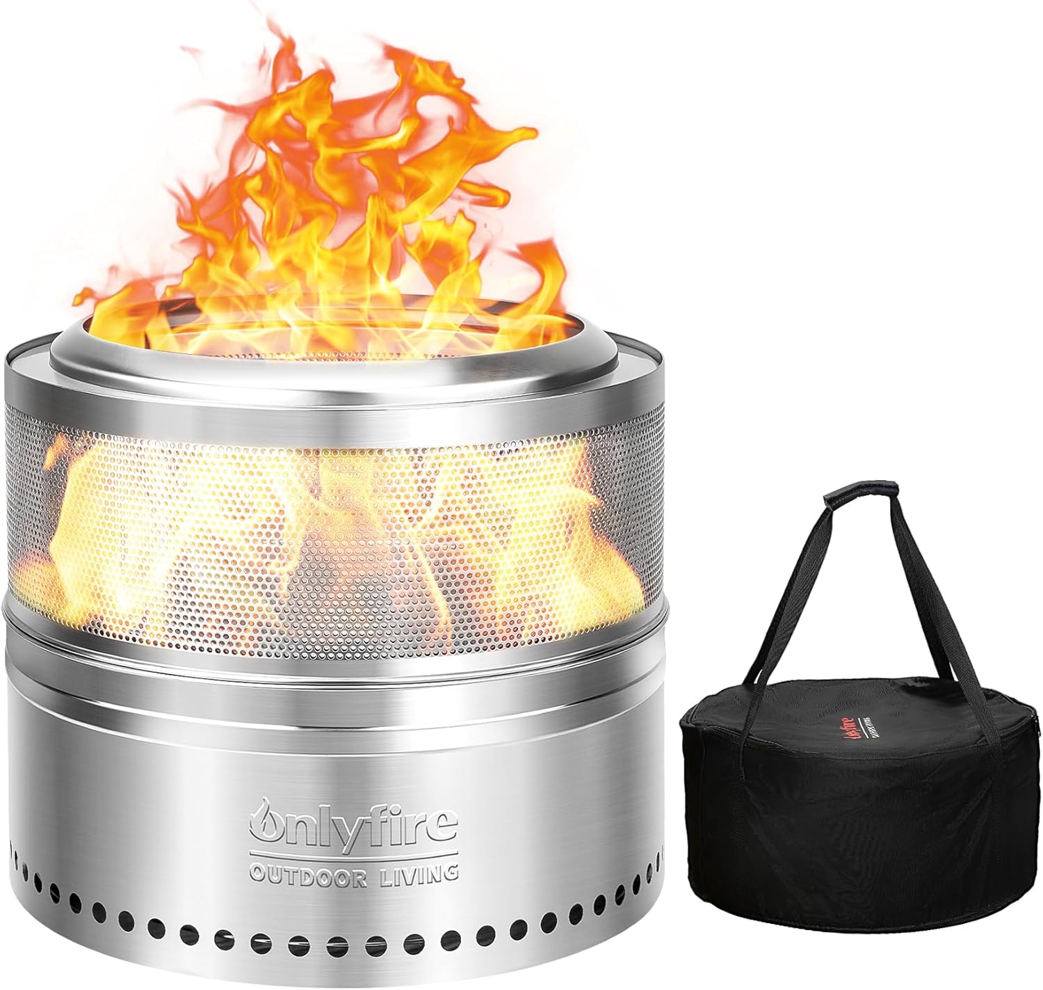 ONLYFIRE OUTDOOR LIVING Wood Burning Fire Pit with Carrying Bag, 19.5\u201D Detachable Portable Firepit for Camping Tailgating Patio Backyard Bonfire, Perforated Smokeless Fireplace, Stainless Steel FP037
