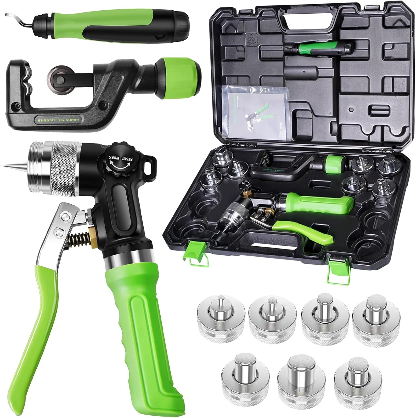 Professional Hydraulic Tube Expander Tool Kit for 3/8 to 1-1/8 Inches Copper Pipes, Compact Swaging Tool HVAC Tool with Pipe Cutter, Deburring Tool for Copper Aluminum Pipe (7 Heads)