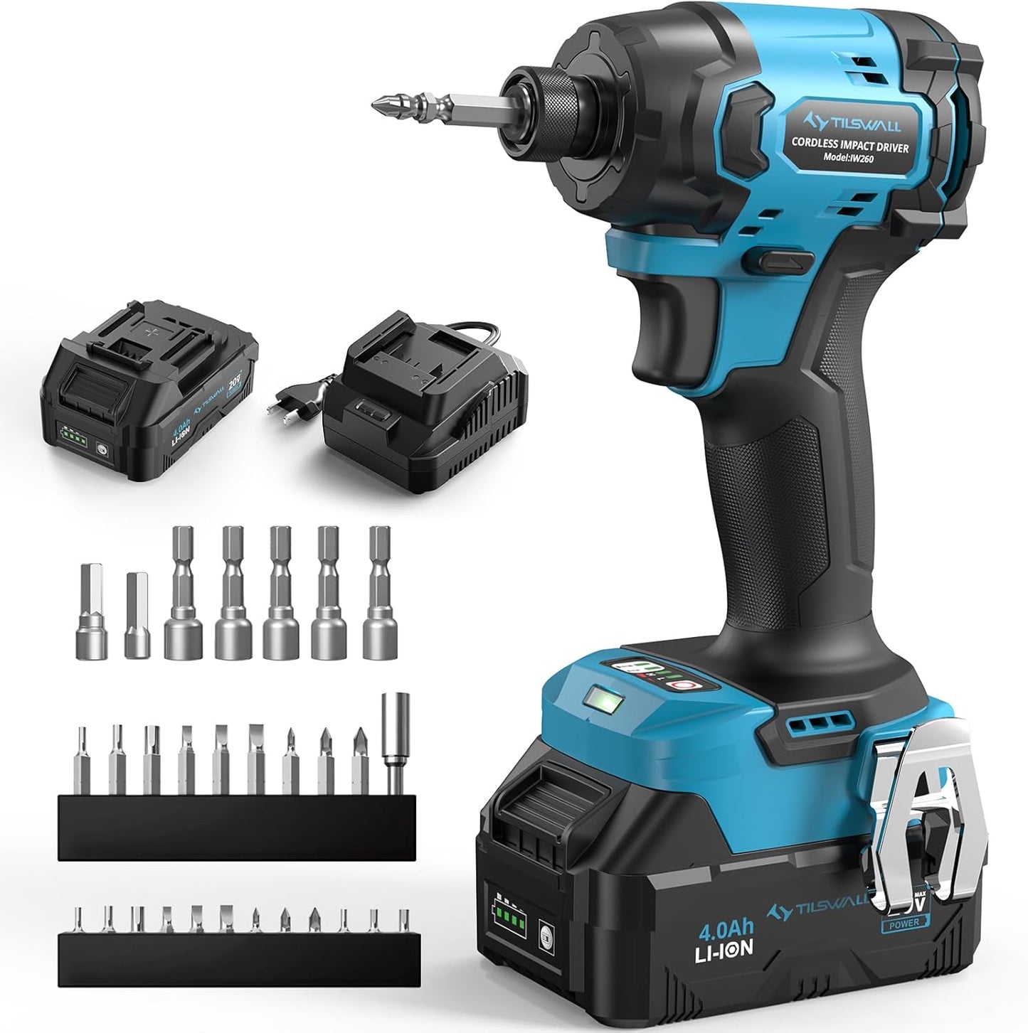 Tilswall 20V Cordless Impact Driver, 260Nm Torque Brushless, 4-Speed (0-3600 RPM), High Torque Impact Driver with LED Light, 1/4" Impact Driver, 4Ah Battery and 2.0Ah Fast Charger Included