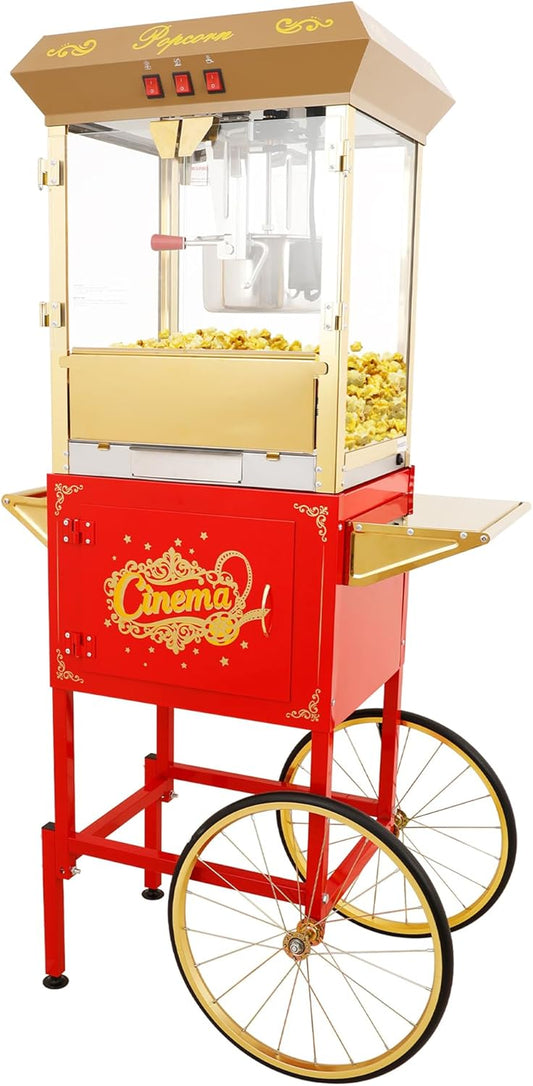 Fsazub 16 OZ Popcorn Cart Machine on Wheels, 850W Popcorn Maker for 64 Cups Popcorn Per Batch, 3-Switch Control Vintage Theater Popcorn Machine with Tempered Glass Doors & 1 Scoop 2 Spoons(Red+Golden)