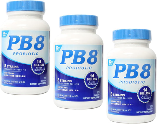 PB8 Probiotic - 3 Pack - 120 Capsules Per Bottle - Supports Digestive Health - 14 Billion CFU - 8 Beneficial Strains - No Milk, Gluten, or Soy
