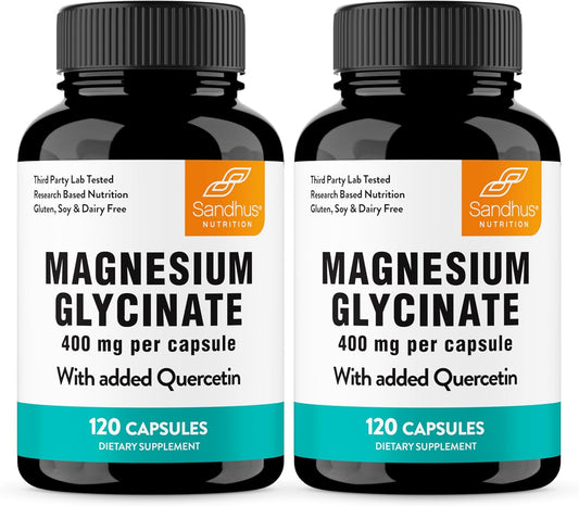 Sandhu's Magnesium Glycinate 400mg Capsules with Quercetin | Quality Sleep, Relaxation, Muscle Health & Immune Support | 120 Count (Pack of 2) | Easy to Swallow | for Women and Men