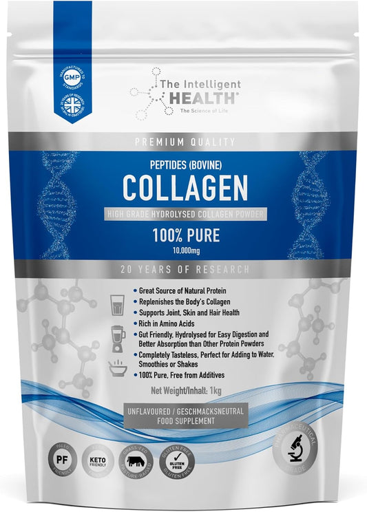 The Intelligent Health Hydrolyzed Collagen Peptides Powder, Grass Fed, High Protein, Unflavored, Gluten-Free, Paleo & Keto Friendly, 10g per Serving (1kg) Supports Skin, Hair, Nails, Joints, & Bones