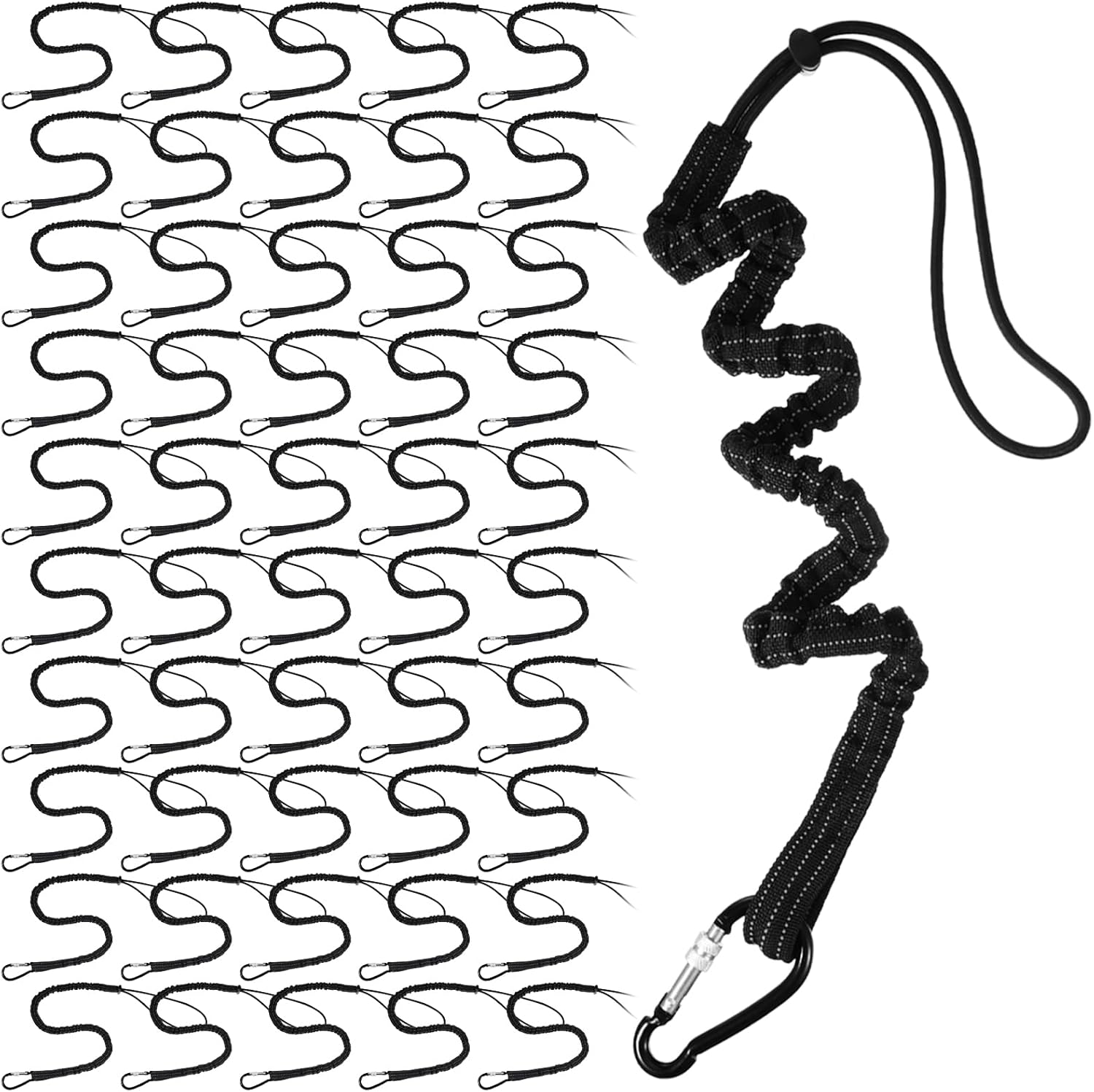 LEIFIDE 50 Pcs Tool Lanyard Standard Length Safety Tool Leash 17.6lb 8kg Tough Adjustable Fall Protection Tether with Aluminum Screw Lock Buckle, Shock Cord Stopper and Retractable Loop End, Black