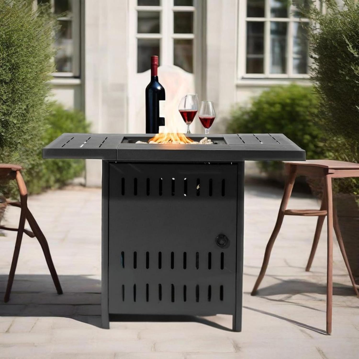 34 Inch Propane Fire Pit Table, 50000 BTU Rectangular Steel Fire Table with Removable Top, Steel Lid & Lava Rocks, Deck Safe for Outdoor Patio Garden Use (Black)