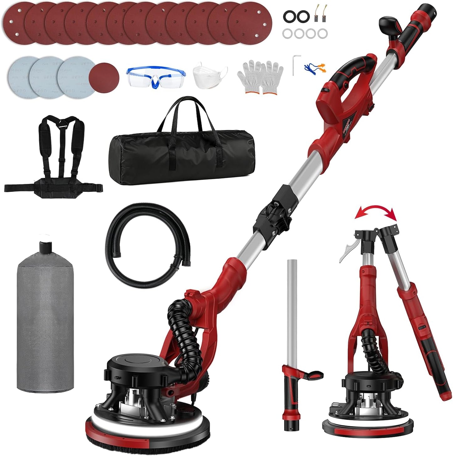 Drywall Sander with Vacuum Dust Collector, MODOFO TOOL 1200W Upgraded Popcorn Ceiling Removal Tool 5 Variable Speed 800-2100RPM Lijadora Para Drywall Popcorn Ceiling Remover with Extendable Handle