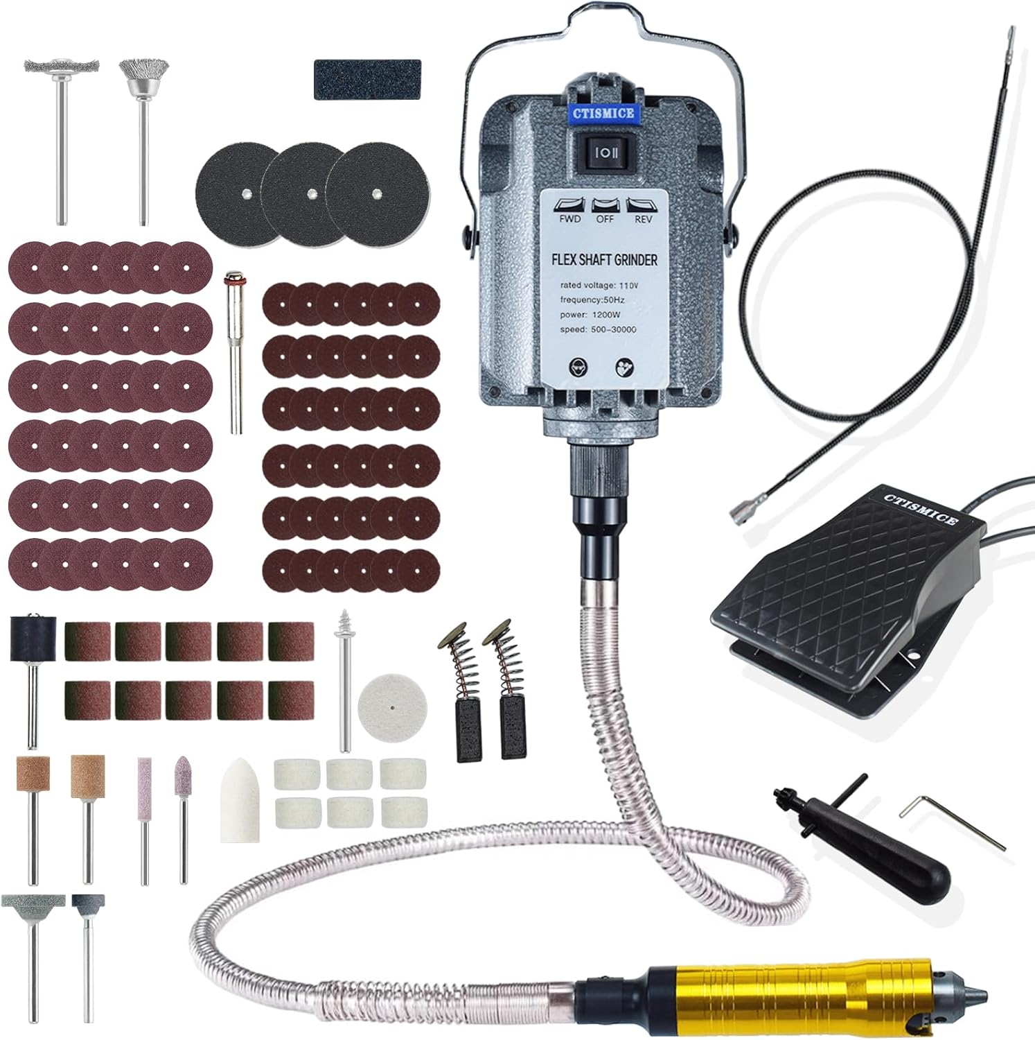 CTISMICE 1200W Flex Shaft Grinder Electric Rotary Tool Supporting Forward and Reverse Rotation, Flexible Shaft Machine Kits with Variable Speed Foot Switch and 110pcs Attachments for Grinding Sanding