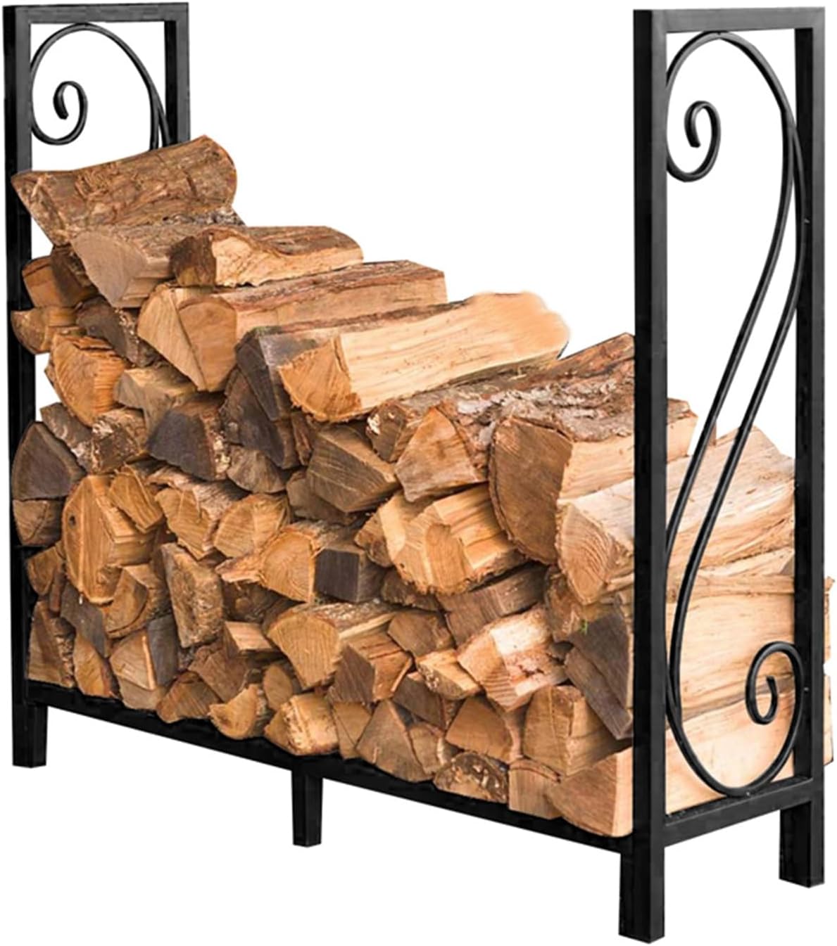 Double Layers Fireplace Log Rack with Hooks, Metal Firewood Stacking Holder for Storing Lumber, Inside Outside Fireplace Kindling Container