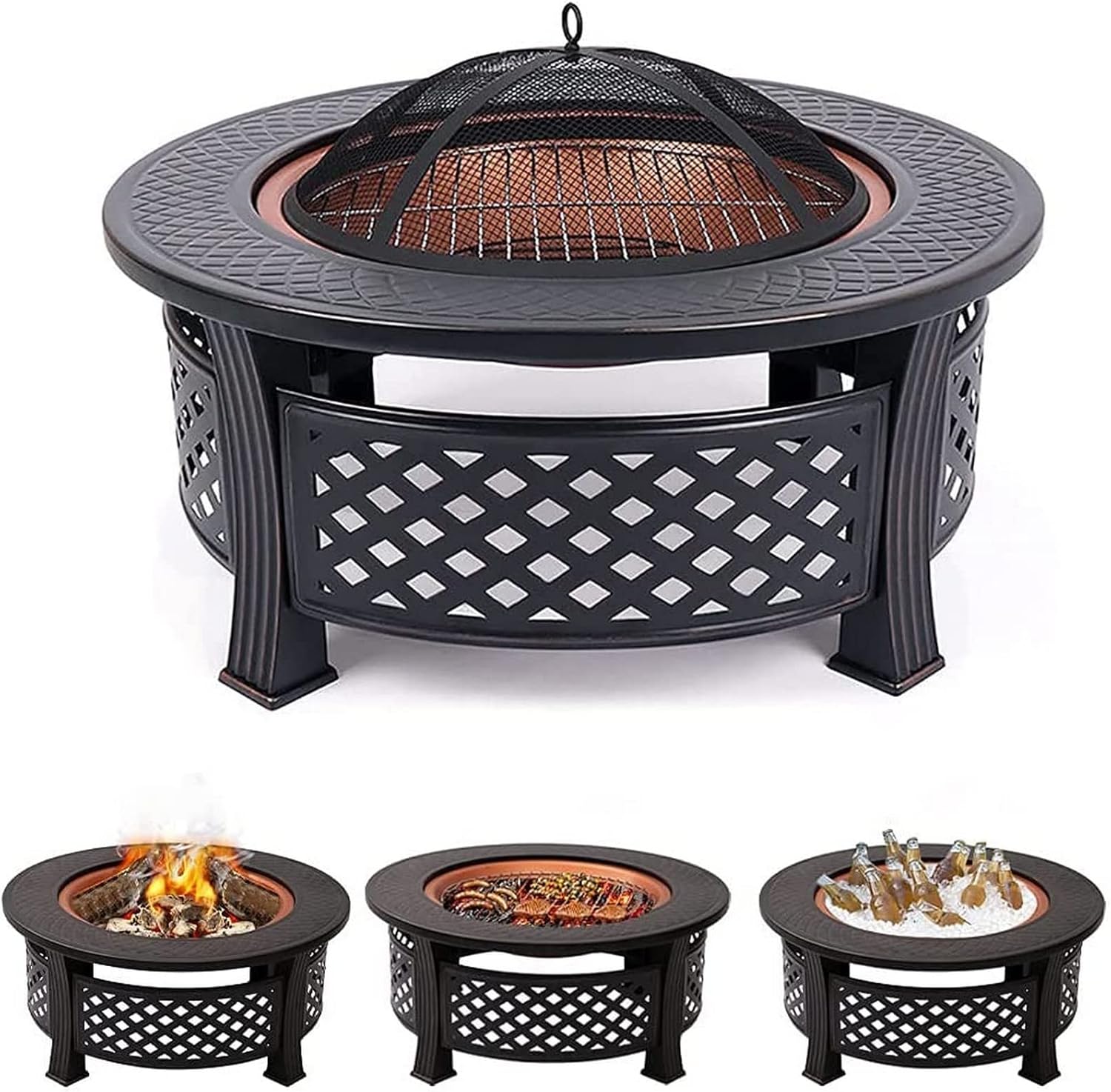 Outdoor Fire Pit 3 in 1 Garden fire Pit with BBQ Grill Shelf Multifunctional Garden fire Pit for Heating/BBQ Ice Pit Patio Heater Terrace Fire Bowl Round Metal Fire Basket Grill Barbecue Rack