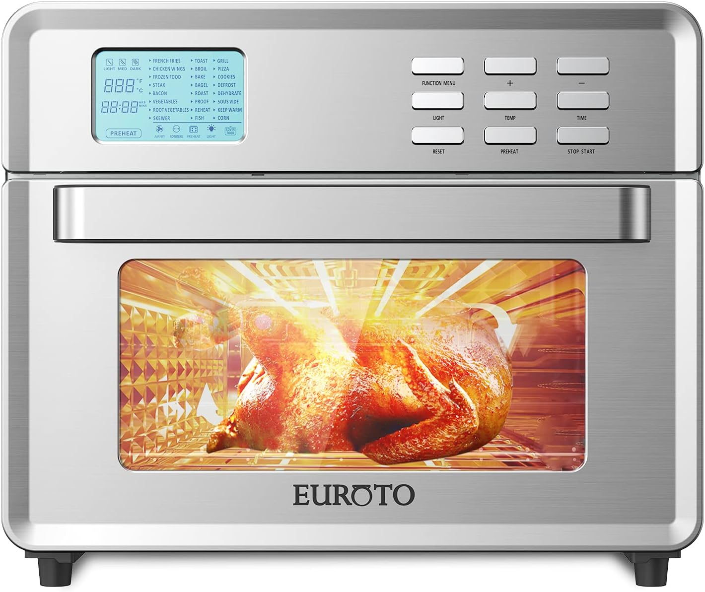 EUROTO Stainless Steel Large Capacity 26.8 QT Air Fryer Oven, 24 in 1 Multi-function, 360 Air Circulation Toaster Oven, LCD digital Display, 4 Layer Shelves, Included Oven Gloves & Apron Up to 450°F