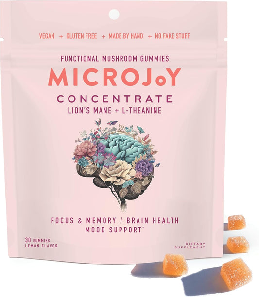 Microjoy Concentrate Gummies \u2013 Focus, Memory, Brain Health & Mood Support Supplement \u2013 Vegan, Non-GMO, Gluten-Free - Lemon Flavor (30 Servings)