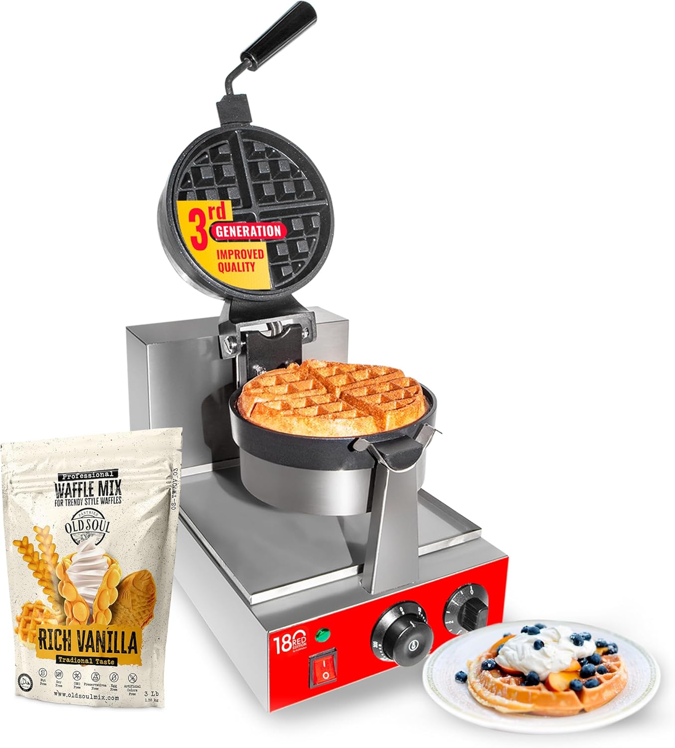 ALDKitchen Belgian Waffle Maker | Commercial Waffle Iron with 360° Rotating Mechanism | Stainless Steel | 110V
