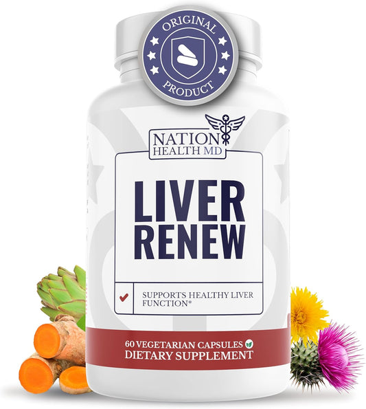 NATION HEALTH MD Liver Renew - Liver Cleanse Detox & Repair - Liver Support Supplement with Artichoke Extract, Milk Thisle, Dandelion and Turmeric - 60 Capsules