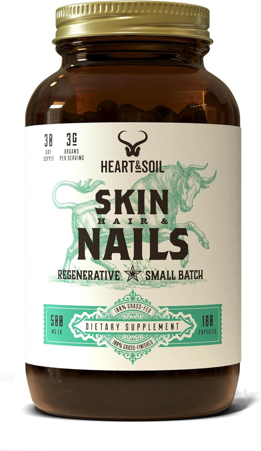 HEART & SOIL \u2013 3000mg Skin, Hair and Nails Support Supplement with Grass Fed Beef Liver, Bone Marrow, Cartilage, Biotin, Collagen, Vitamins A, Riboflavin, Elastin \u2013 180 Capsules