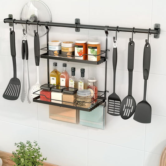 NADAMOO Kitchen Utensil Hanger and Spice Rack with Towel Rack Holder，Wall Mount Space Saving Metal Storage Organizer for Pantry, Countertop, Bathroom
