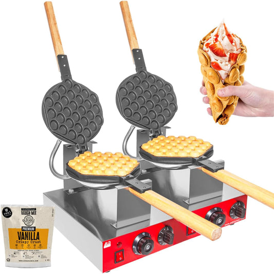 ALDKitchen IMPROVED Puffle Waffle Maker Professional Rotated Nonstick (Grill/Oven for Cooking Puff, Hong Kong Style, Egg, QQ, Muffin, Eggettes and Belgian Bubble Waffles) (110V US Plug, Double Head)