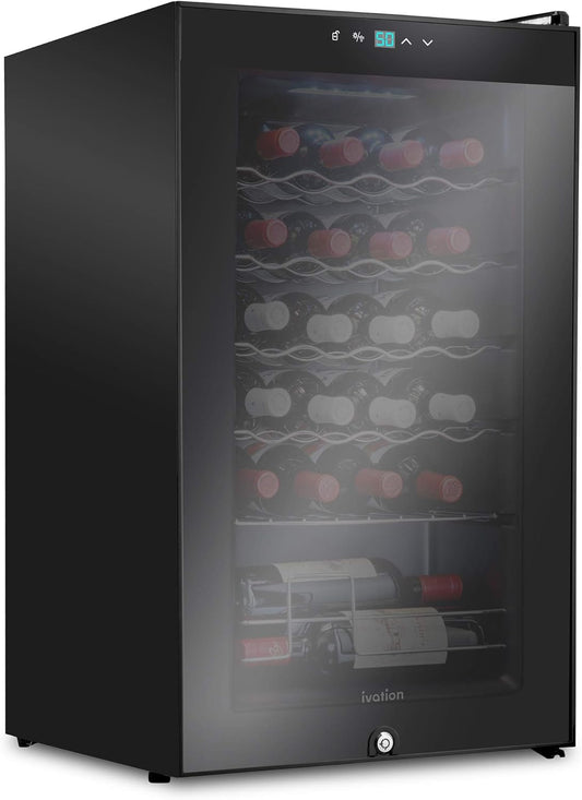 Ivation 24 Bottle Compressor Wine Cooler Refrigerator w\/Lock | Large Freestanding Wine Cellar For Red, White, Champagne or Sparkling Wine | 41f-64f Digital Temperature Control Fridge Glass Door Black