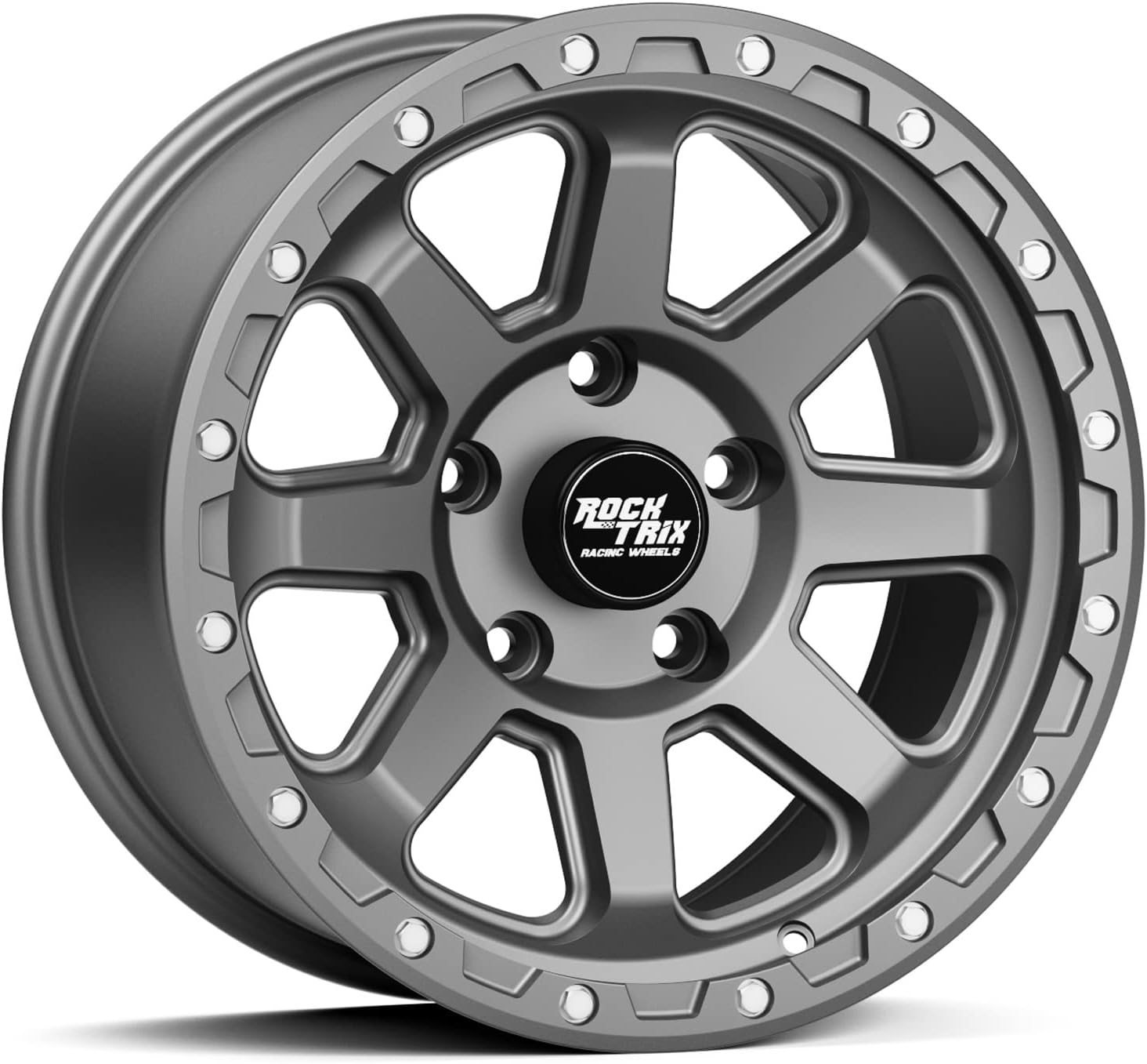 RockTrix RT116 17 inch Wheel Compatible with Jeep Wrangler JK JL 17x9 5x5 Wheels (-12mm Offset, 4.5in Backspace) 5x5 PCD, 71.5mm Bore, Gunmetal Gray Wheels, Also fits Gladiator JT Rims