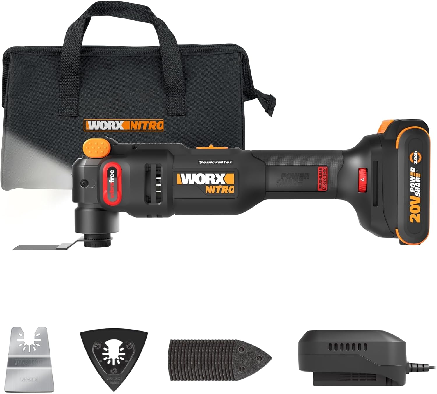 Worx Nitro 20V Cordless Oscillating Multi Tool with 5° Oscillation Angle, VibraFree Technology, Slim-body Design, 2.0 Ah Battery and Charger Included, 23 Pieces Accessories with Carrying Bag, WX698L