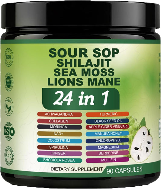24 in 1 Soursop Capsules - Graviola Soursop Capsules with Shilajit, Sea Moss, Lions Mane, Turmeric, Ashwagandha, Vegan, Ginger & Manuka Honey and More, Non-GMO, 90capsules